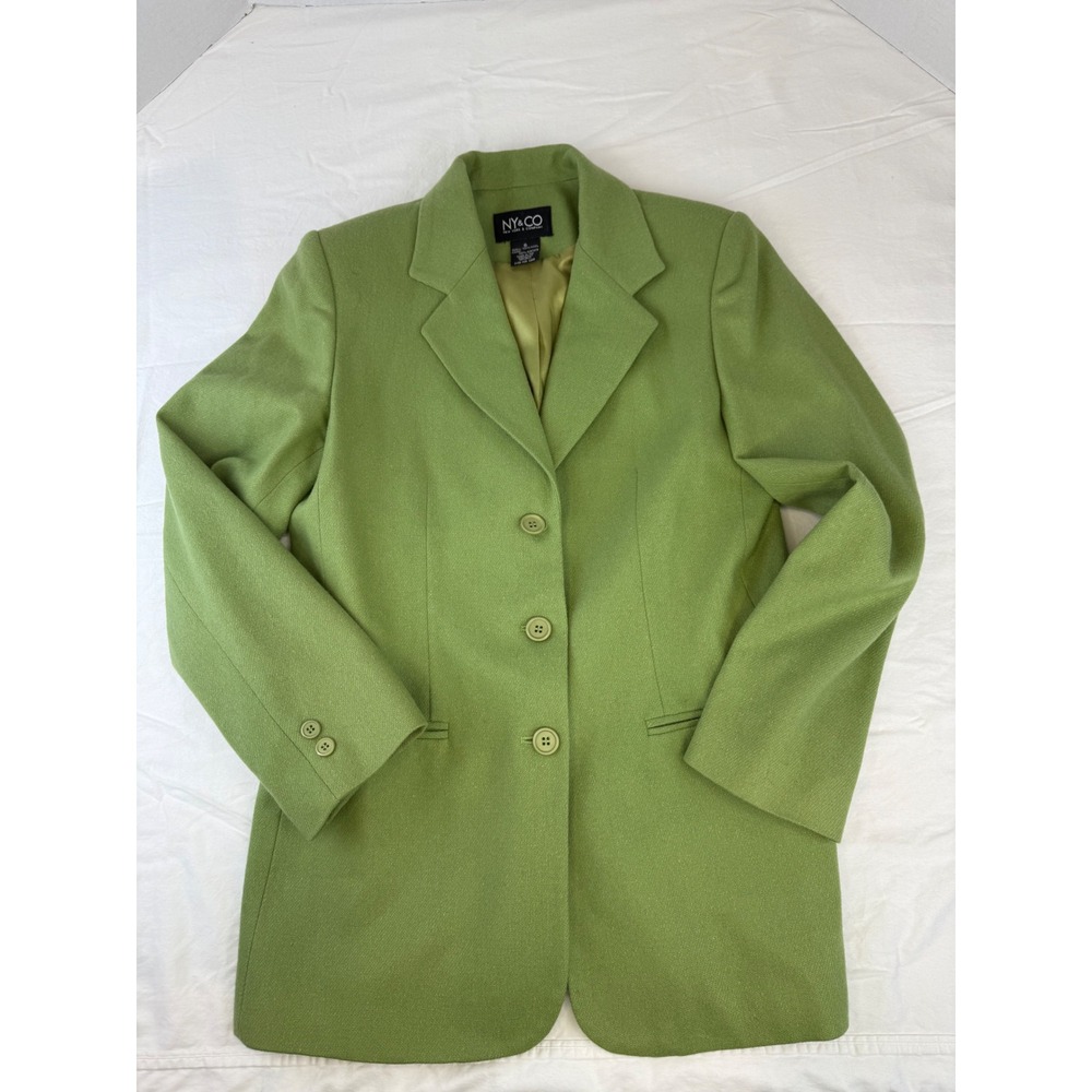 NY&CO New York & Company Lime Green 100% Wool 3-Button Blazer Jacket Womens 6